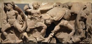Rx the bassai sculptures marble block from the frieze of the temple of apollo epikourios at bassae greece greeks fight amazons about 420 400 bc british museum 14073518379 