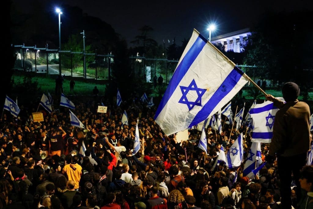 Protest against israel's judicial overhaul and dismissing of the defense minister, in jerusalem