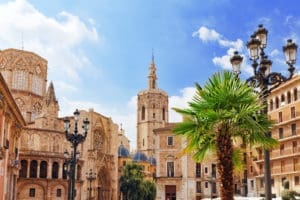 Square of saint mary's and valencia cathedral temple in old town spain 